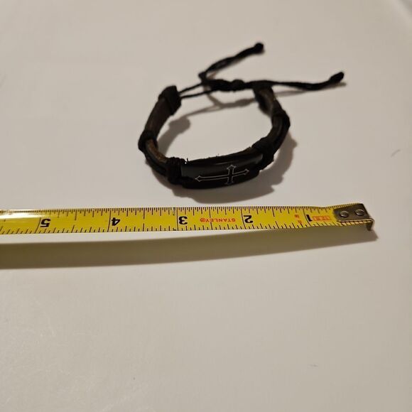 Black Leather Bracelet Slide String Closure - Picture 3 of 4